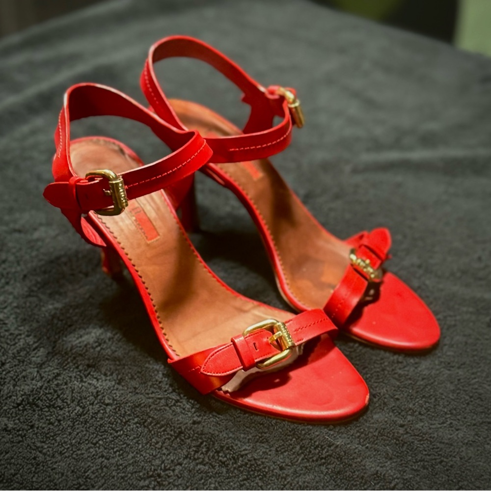 CH Carolina Herrera open toe heels, red with gold buckles
